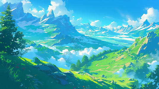 高山蓝天温暖壮丽的山河风景插画