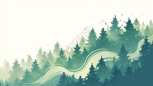 简约绿扁平风简约唯美的绿色调森林场景插画