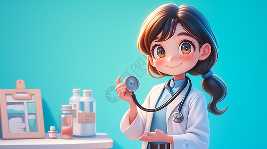 3d医疗手拿听诊器微笑着的可爱卡通女医生插画