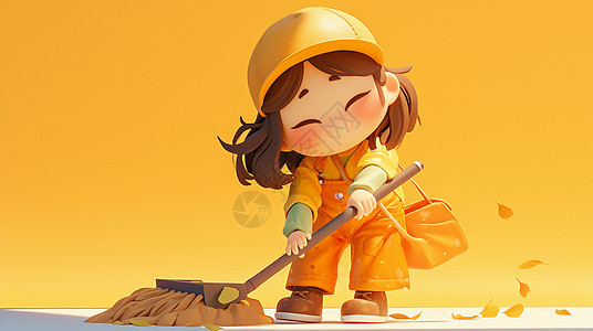 扫地女孩正在努力打扫卫生的立体可爱卡通女孩插画