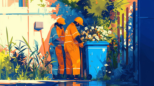 几个正在街边垃圾桶旁工作的卡通清洁工插画