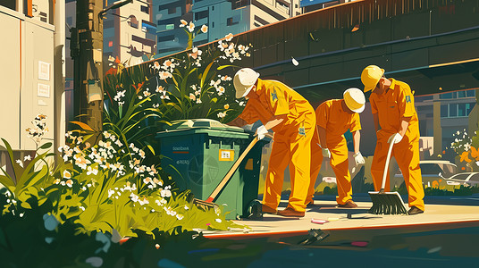 垃圾桶卡通几个正在街边垃圾桶旁工作的清洁工插画