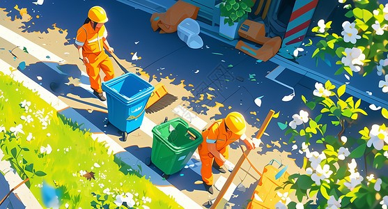 正在街边垃圾桶旁工作的卡通清洁工插画