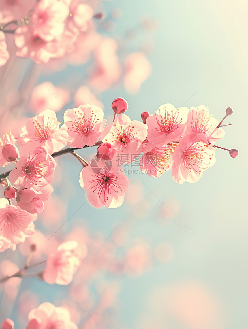 春天开满花朵的树枝插画图片