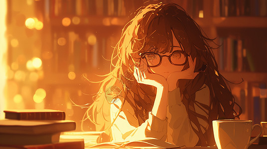书桌前台灯下看书思考的长发卡通女孩背景图片