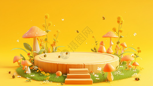 黄色蘑菇黄色调卡通森林蘑菇场景舞台场景插画
