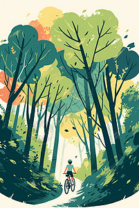 高大的树春天在高大的森林中骑车的卡通人物插画