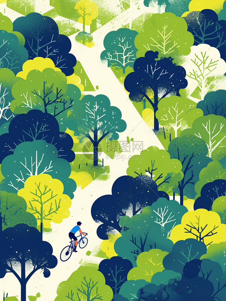 春天在森林中骑车的人物卡通插画图片