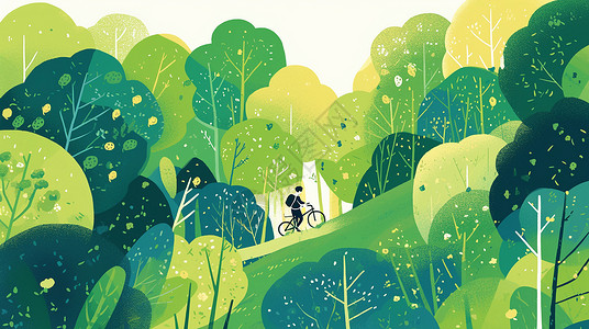 简约卡通森林中卡通人物在骑行背景图片