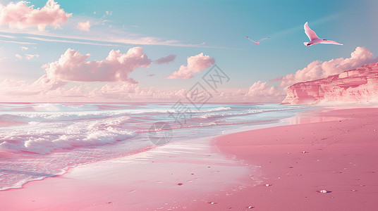 傍晚大海边浪漫的粉色卡通沙滩唯美卡通风景背景图片
