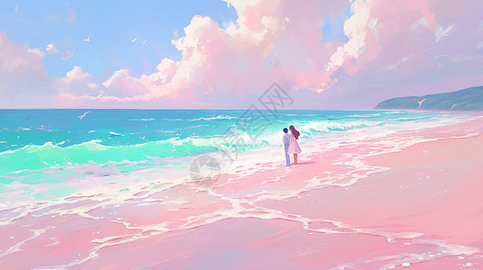 大京沙滩大海边浪漫的粉色卡通沙滩唯美卡通风景插画
