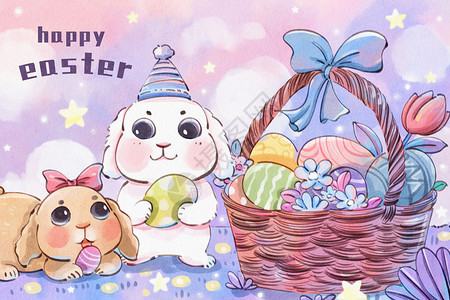 手绘水彩复活节之可爱的大兔子和彩蛋插画高清图片