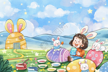 水彩绘画手绘水彩复活节之可爱的女孩和兔子彩蛋插画插画
