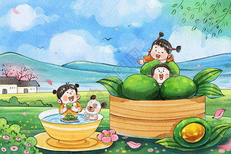 佛与茶手绘水彩寒食节之清明果与儿童微景观治愈系插画插画