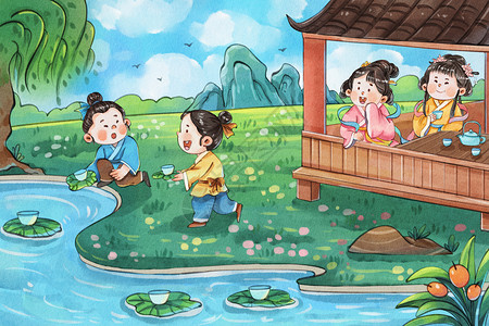 手绘水彩上巳节之大家春游曲水流觞插画高清图片