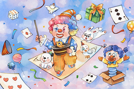 活动彩带手绘水彩愚人节在空中表演魔术的小丑和动物扑克等插画插画