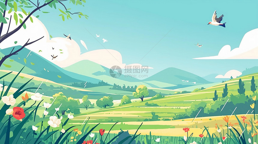 春天嫩绿的卡通草地绿植空中飞着几只小燕子卡通风景图片