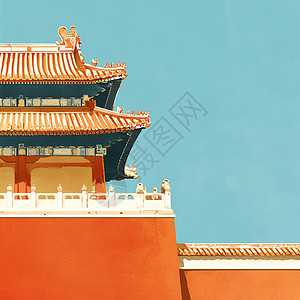 红墙黄瓦古风简约大气的卡通古建筑背景图片