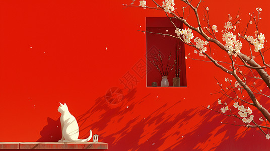 开花小猫春天在高高的红墙下晒太阳的卡通小白猫背影插画