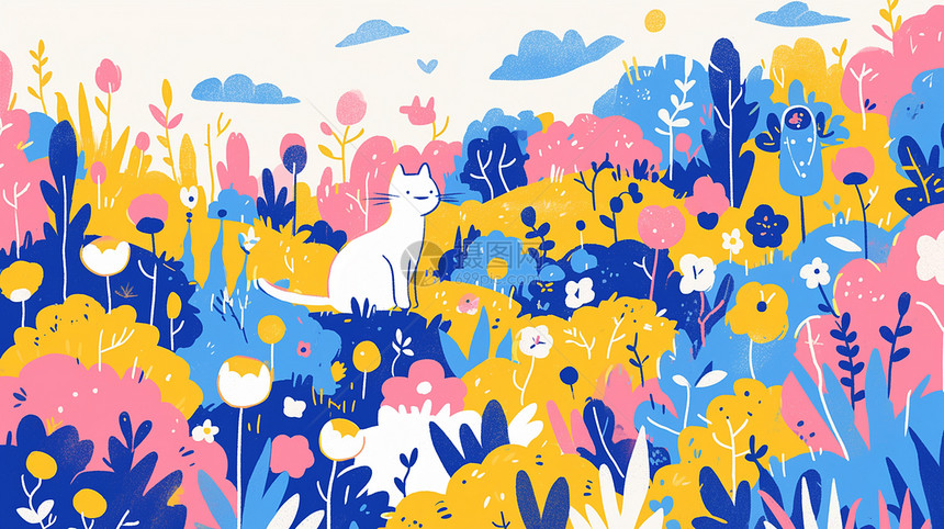 在彩色森林中一只可爱的卡通小猫儿童插画图片