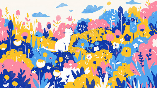 手绘彩色大脑树在彩色森林中一只可爱的卡通小猫儿童插画插画
