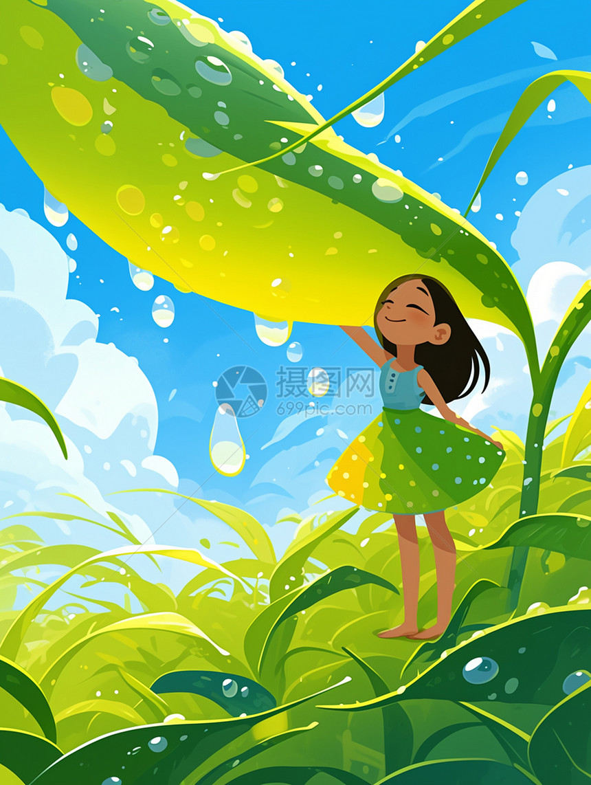 春天雨中在大大的绿植下欣赏风景的卡通女孩图片