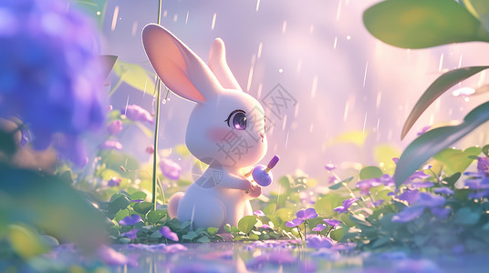 春天雨中欣赏风景的可爱卡通小白兔背景图片