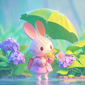 春天雨中打伞欣赏风景的可爱卡通小白兔插画