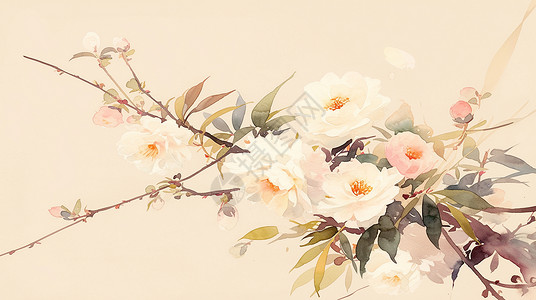 一枝盛开的花卉水墨风插画背景图片