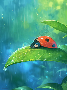 春天雨中在树叶上的一只卡通七星瓢虫背景图片