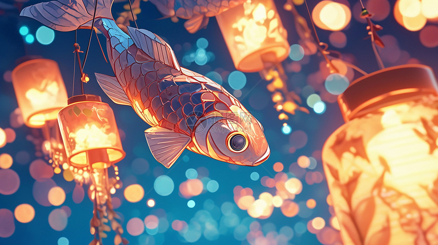 喜庆的节日夜晚一条卡通灯笼锦鲤鱼飞舞在空中图片