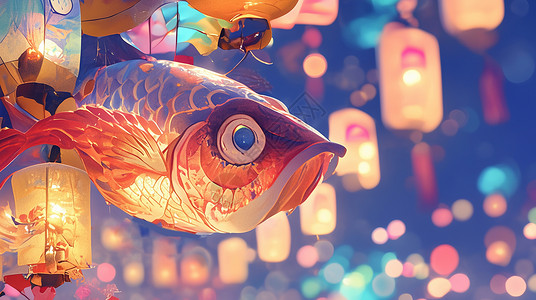 喜庆的节日夜晚一条卡通灯笼锦鲤鱼飞舞在空中背景图片