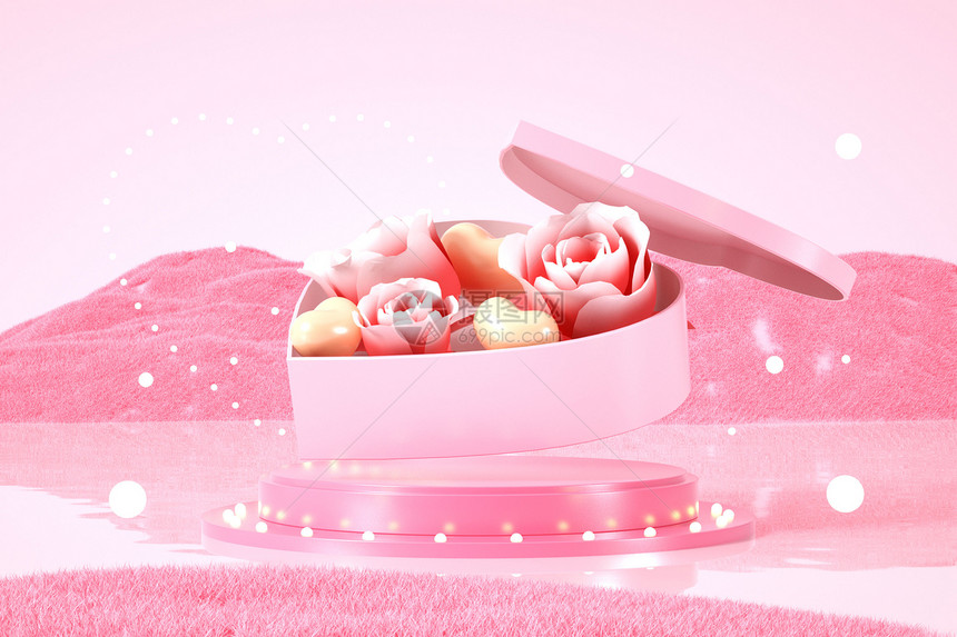 粉色礼盒花朵场景图片
