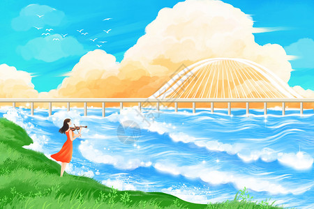 手绘风治愈系夏季海浪风景拉小提琴的少女场景插画插画