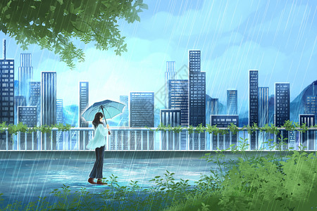 手绘治愈系天台春季雨天少女撑伞城市场景插画背景图片