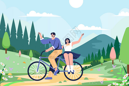 一家人骑车游玩春季情侣骑车游玩插画