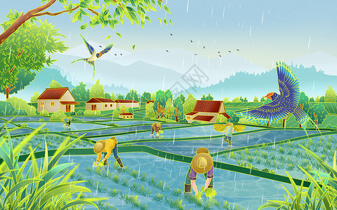 二十四节气谷雨稻田国潮手绘插画绿色燕子插秧农田图片