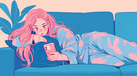 粉色快乐肥宅宅在沙发上看手机的粉色头发卡通女孩插画
