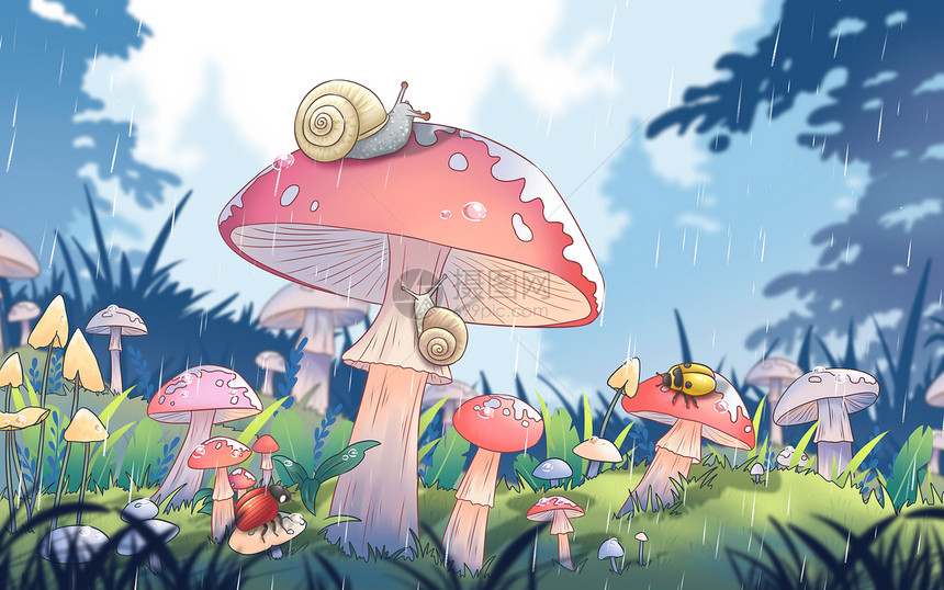 二十四节气惊蛰蘑菇草丛中昆虫甲壳虫蜗牛手绘插画图片