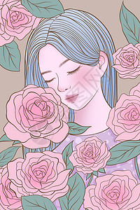 女生玫瑰线描玫瑰花长发女生插画插画