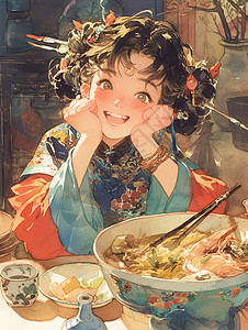 开心吃饭的古风卡通女孩背景图片
