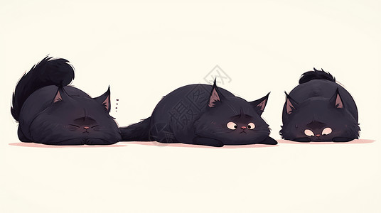 儿童动作素材多只趴在地上萌萌可爱的卡通小黑猫插画