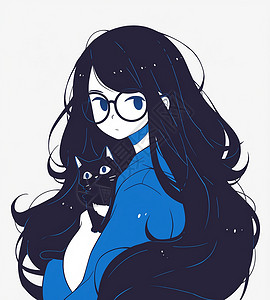 戴黑框眼镜的长发卡通女孩与黑色宠物猫高清图片