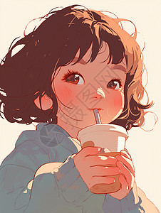 开心喝水的卡通小女孩背景图片
