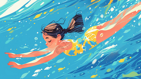女孩游泳泳池中游泳的可爱卡通小女孩插画