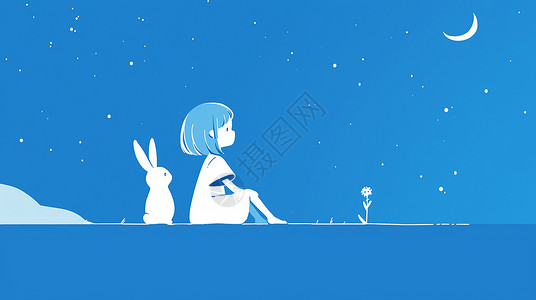 与小白兔一起抬头仰望星空的小清新卡通女孩背景图片