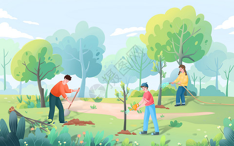 植树节种树人物树木植物手绘插画绿色小清新背景图片