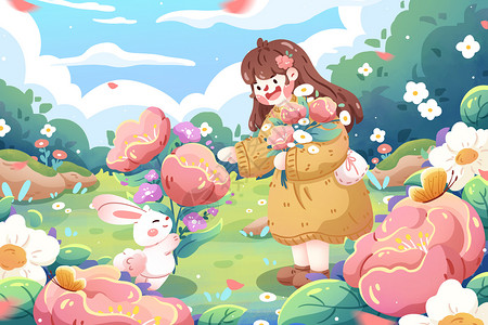 兔子卡通春天手绘花卉女孩户外插画插画