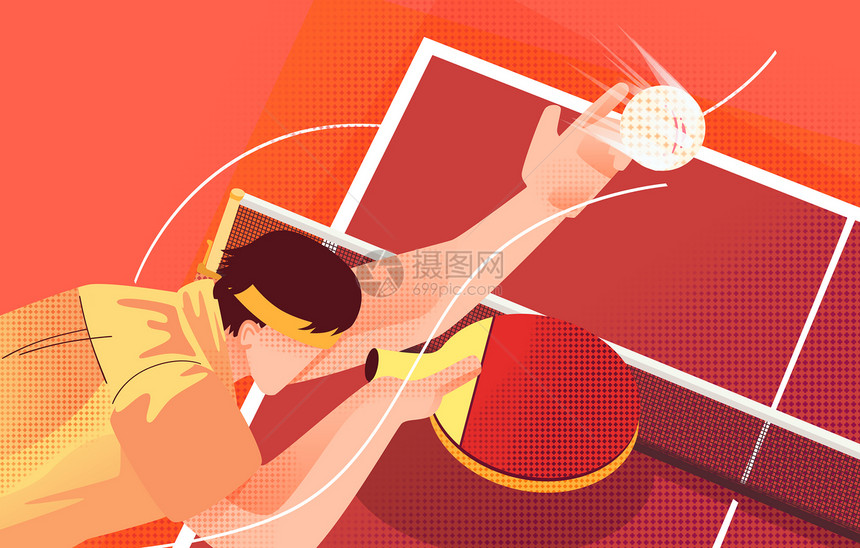 运动健身室内乒乓球运动员扁平风横版插画图片