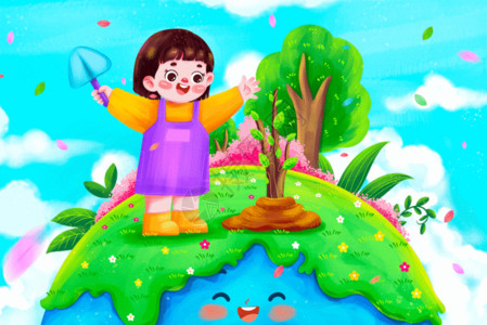 植树节易拉宝种树的女孩GIF高清图片
